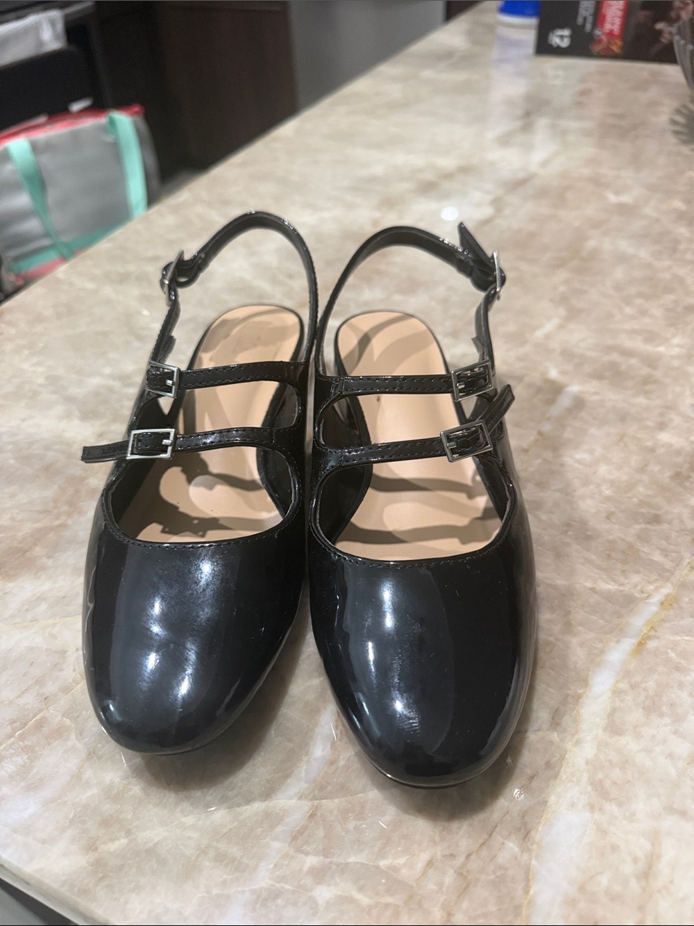 Soda Black Patent Double-Strap Mary Jane Slingback Flats